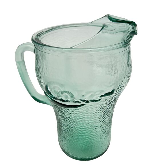 Coca Cola Pitcher 64 oz Fluted Ice Spout Vintage 70s Green Heavy Pebbled Glass - Picture 2 of 11